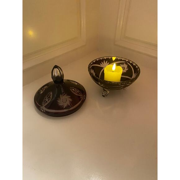 Antique Bohemian Amethyst Cut To Clear Crystal Footed Candy Dish Bowl with Lid - Picture 7 of 14